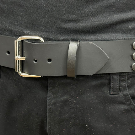 BT442-BS BLACK FLAT NAIL HEAD 3 ROW STUDDED BELT LEATHER