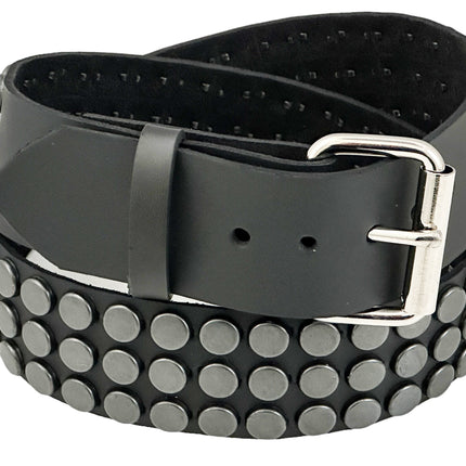 BT442-BS BLACK FLAT NAIL HEAD 3 ROW STUDDED BELT LEATHER