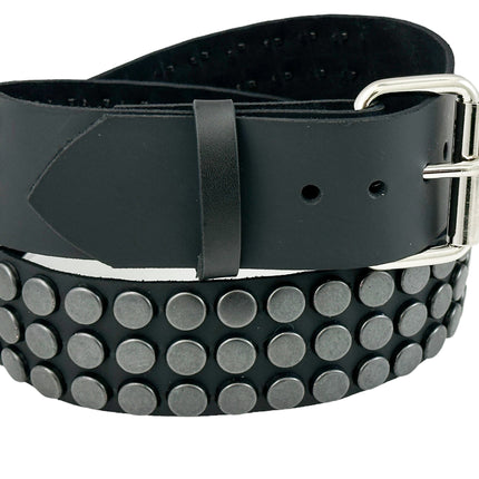 BT442-BS BLACK FLAT NAIL HEAD 3 ROW STUDDED BELT LEATHER