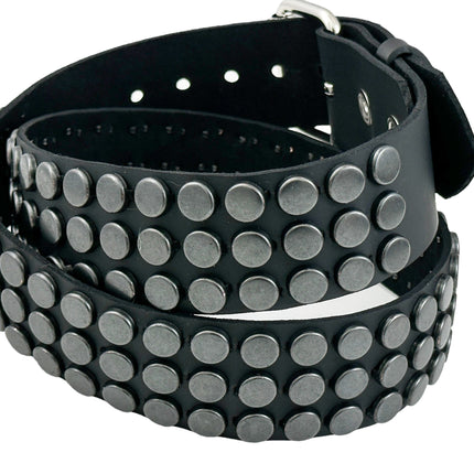 BT442-BS BLACK FLAT NAIL HEAD 3 ROW STUDDED BELT LEATHER