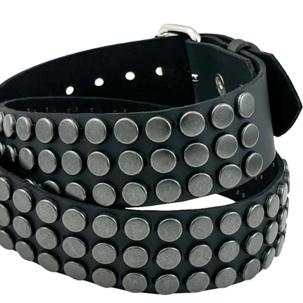 BT442-BS BLACK FLAT NAIL HEAD 3 ROW STUDDED BELT LEATHER