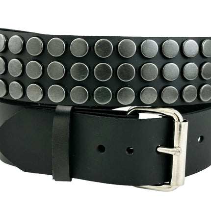 BT442-BS BLACK FLAT NAIL HEAD 3 ROW STUDDED BELT LEATHER