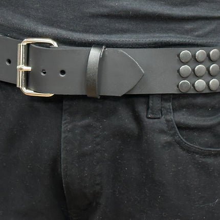 BT442-BS BLACK FLAT NAIL HEAD 3 ROW STUDDED BELT LEATHER