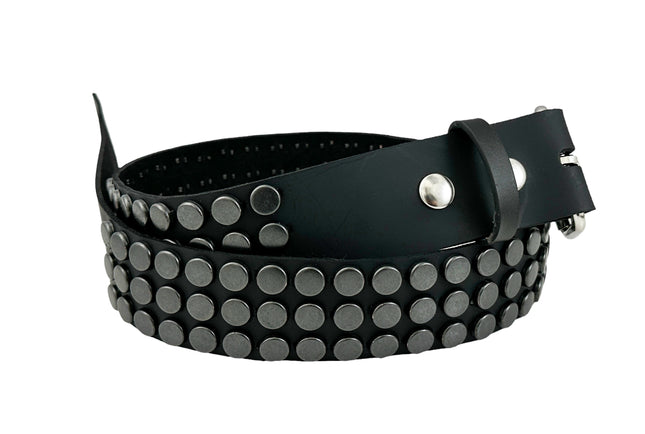 BT442-BS BLACK FLAT NAIL HEAD 3 ROW STUDDED BELT LEATHER