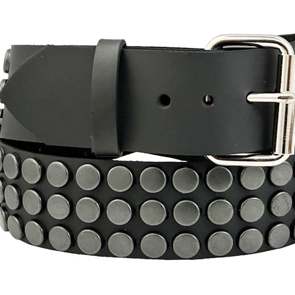 BT442-BS BLACK FLAT NAIL HEAD 3 ROW STUDDED BELT LEATHER