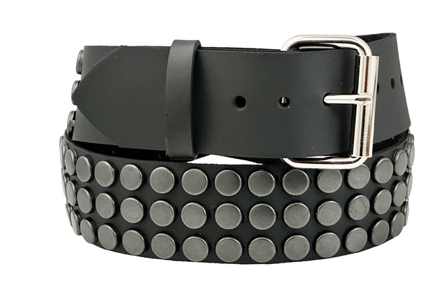 BT442-BS BLACK FLAT NAIL HEAD 3 ROW STUDDED BELT LEATHER