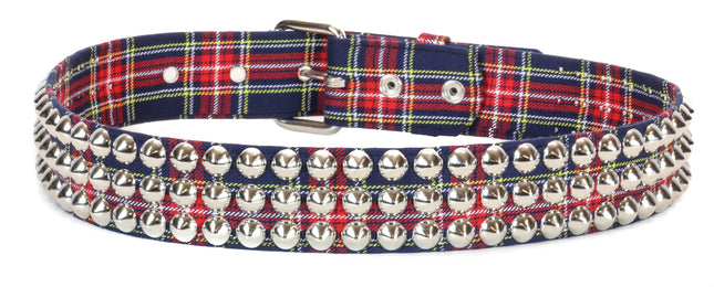 BT443PD-BLU PLAID CONE STUDDED BELT