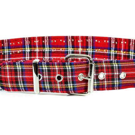 BT443PD-RED PLAID CONE STUDDED BELT