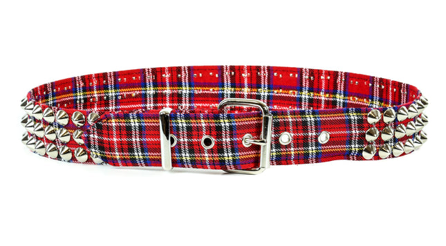 BT443PD-RED PLAID CONE STUDDED BELT