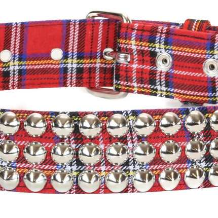 BT443PD-RED PLAID CONE STUDDED BELT