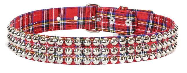 BT443PD-RED PLAID CONE STUDDED BELT