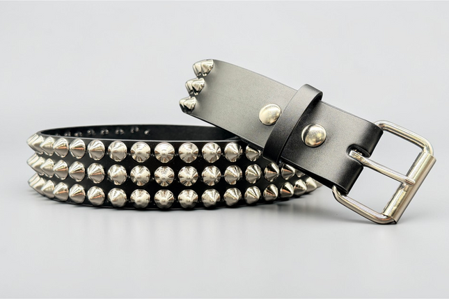 BT443 3 ROW 1/2" CONICAL STUDDED GENUINE LEATHER BELT