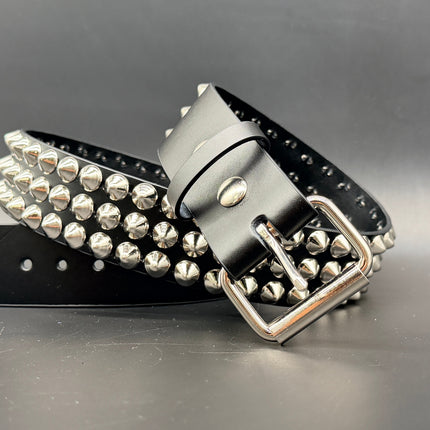BT443 3 ROW 1/2" CONICAL STUDDED GENUINE LEATHER BELT