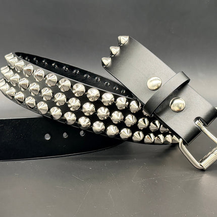 BT443 3 ROW 1/2" CONICAL STUDDED GENUINE LEATHER BELT