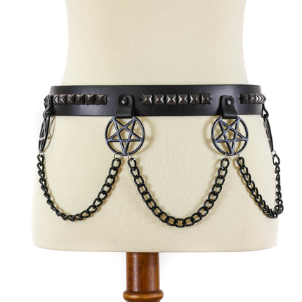 BT478-BS BLACK PYRAMID STUDDED PENTAGRAM CHAIN BELT