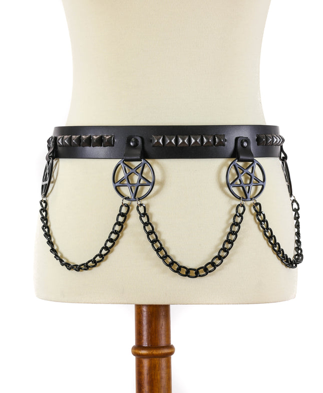 BT478-BS BLACK PYRAMID STUDDED PENTAGRAM CHAIN BELT