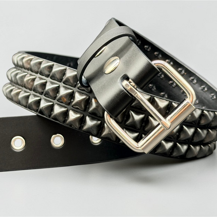 BT507-BS GROMMET HOLE 3 ROW BLACK STUDDED BELT WITH EYELET HOLE