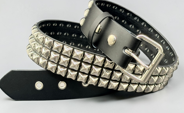 BT507 3 ROW PYRAMID STUDDED BELT WITH METAL GROMMET EYELET