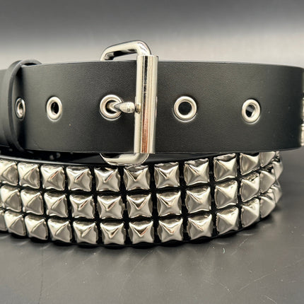 BT507 3 ROW PYRAMID STUDDED BELT WITH METAL GROMMET EYELET