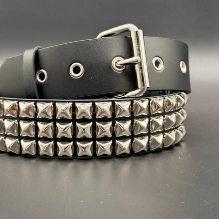 BT507 3 ROW PYRAMID STUDDED BELT WITH METAL GROMMET EYELET