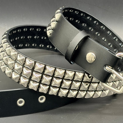 BT507 3 ROW PYRAMID STUDDED BELT WITH METAL GROMMET EYELET