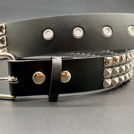 BT507 3 ROW PYRAMID STUDDED BELT WITH METAL GROMMET EYELET