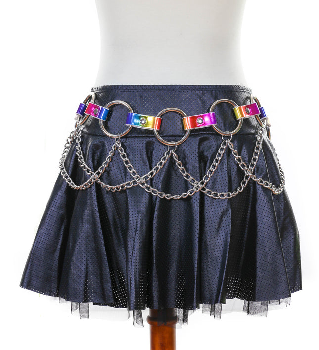 BT526RN-M  RAINBOW HOLOGRAPHIC RING LINK BELT WITH CHAIN