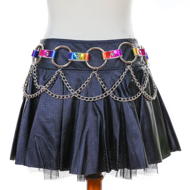 BT526RN-M  RAINBOW HOLOGRAPHIC RING LINK BELT WITH CHAIN