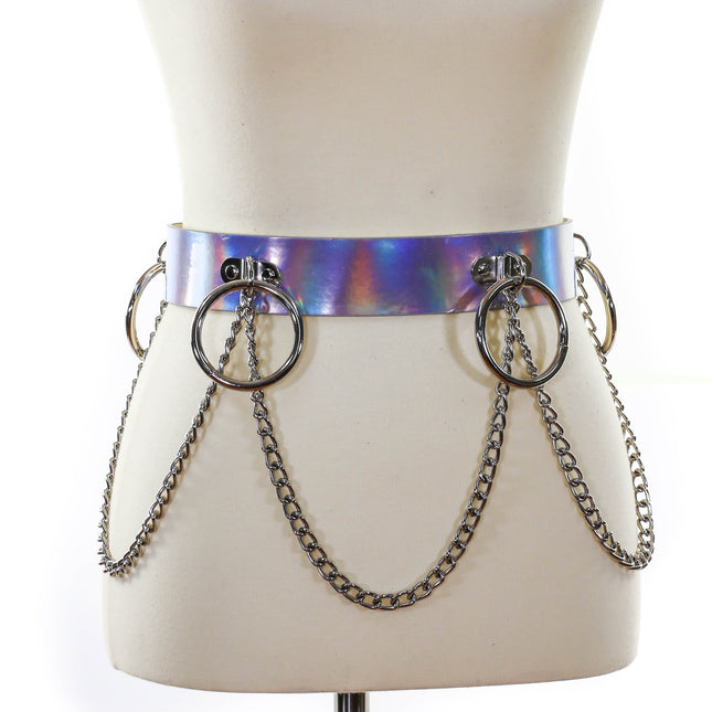 BT527RN-SIL SILVER HOLOGRAPHIC BONDAGE BELT W/ CHAIN