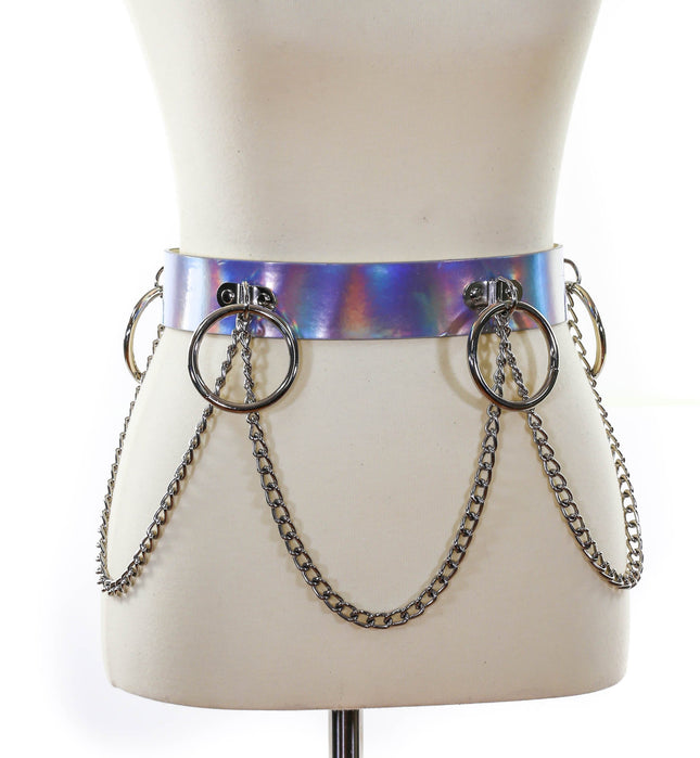 BT527RN-SIL SILVER HOLOGRAPHIC BONDAGE BELT W/ CHAIN