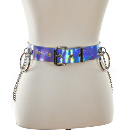 BT527RN-SIL SILVER HOLOGRAPHIC BONDAGE BELT W/ CHAIN