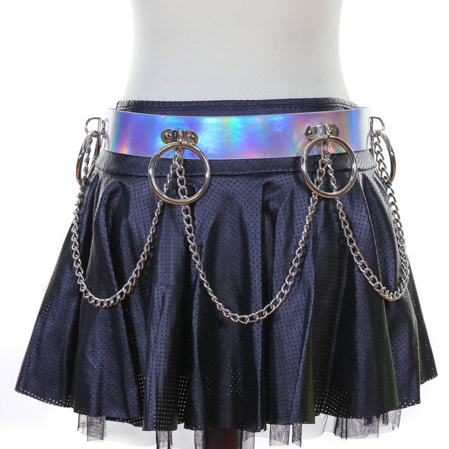 BT527RN-SIL SILVER HOLOGRAPHIC BONDAGE BELT W/ CHAIN