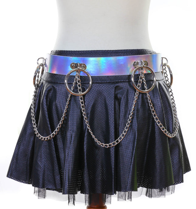 BT527RN-SIL SILVER HOLOGRAPHIC BONDAGE BELT W/ CHAIN