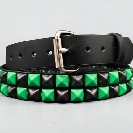 BT554-GS  POWDER COATED GREEN BLACK CHECKERED PYRAMID STUDDED BELT