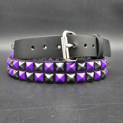 BT554-PPS  POWDER COATED PURPLE BLACK CHECKERED  PYRAMID STUDDED BELT