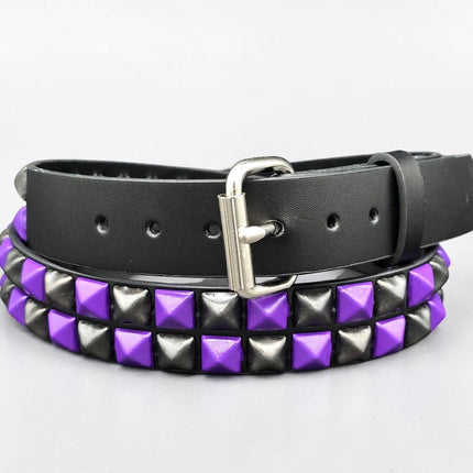 BT554-PPS  POWDER COATED PURPLE BLACK CHECKERED  PYRAMID STUDDED BELT
