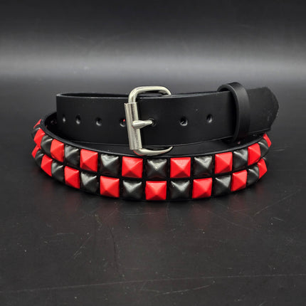BT554-RS  POWDER COATED RED BLACK CHECKERED  PYRAMID STUDDED BELT