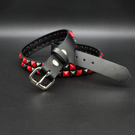 BT554-RS  POWDER COATED RED BLACK CHECKERED  PYRAMID STUDDED BELT