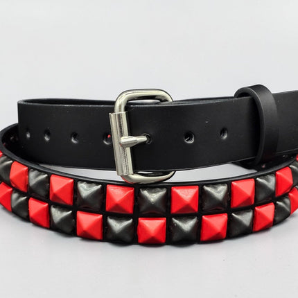 BT554-RS  POWDER COATED RED BLACK CHECKERED  PYRAMID STUDDED BELT