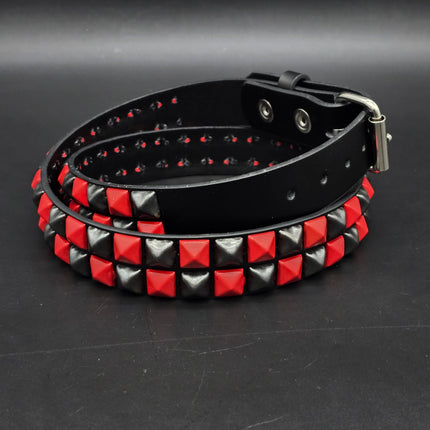 BT554-RS  POWDER COATED RED BLACK CHECKERED  PYRAMID STUDDED BELT