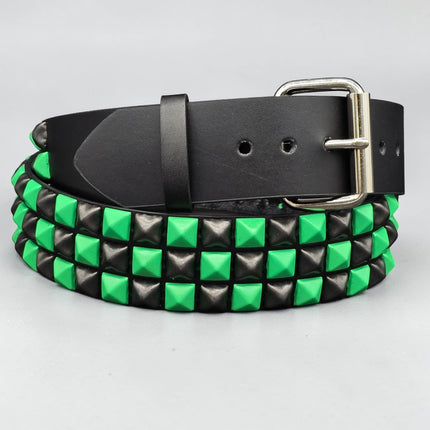 BT555-GS NEON GREEN BLACK CHECKERED PYRAMID STUD BELT