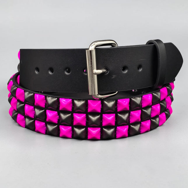 BT555-PS PINK BLACK CHECKERED PYRAMID STUD BELT