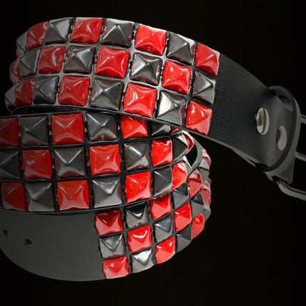 BT555-RS BLACK RED CHECKERED 1/2" PYRAMID STUD BELT 1 3/4" WIDE