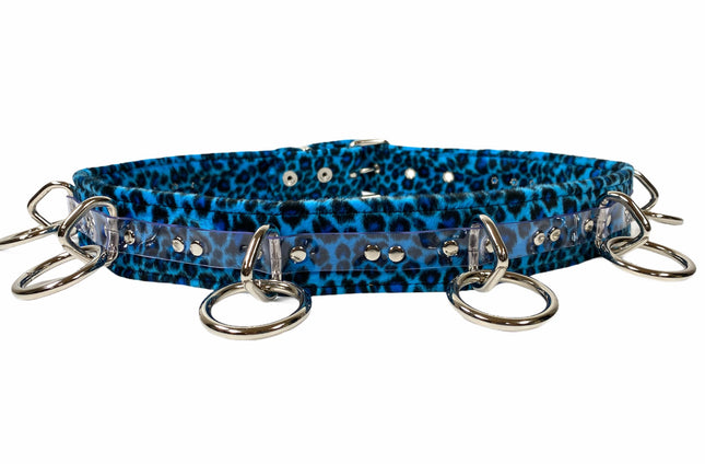 BT562L-BLU LEOPARD  LARGE O RING STRAPPED BONDAGE BELT