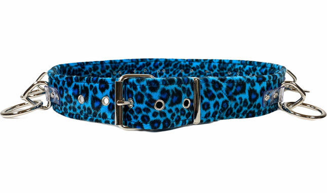 BT562L-BLU LEOPARD  LARGE O RING STRAPPED BONDAGE BELT