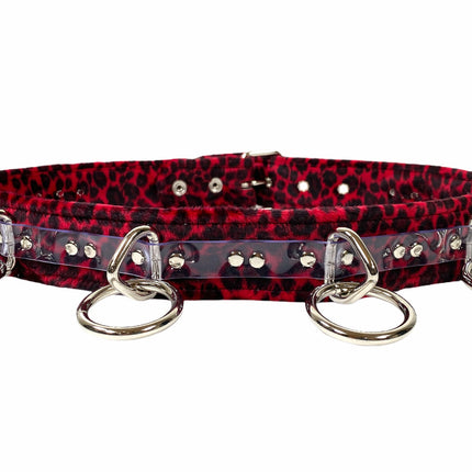 BT562L-RED LEOPARD  LARGE O RING STRAPPED BONDAGE BELT