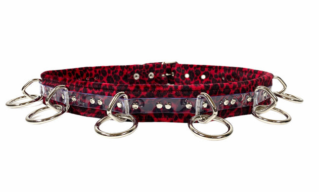 BT562L-RED LEOPARD  LARGE O RING STRAPPED BONDAGE BELT