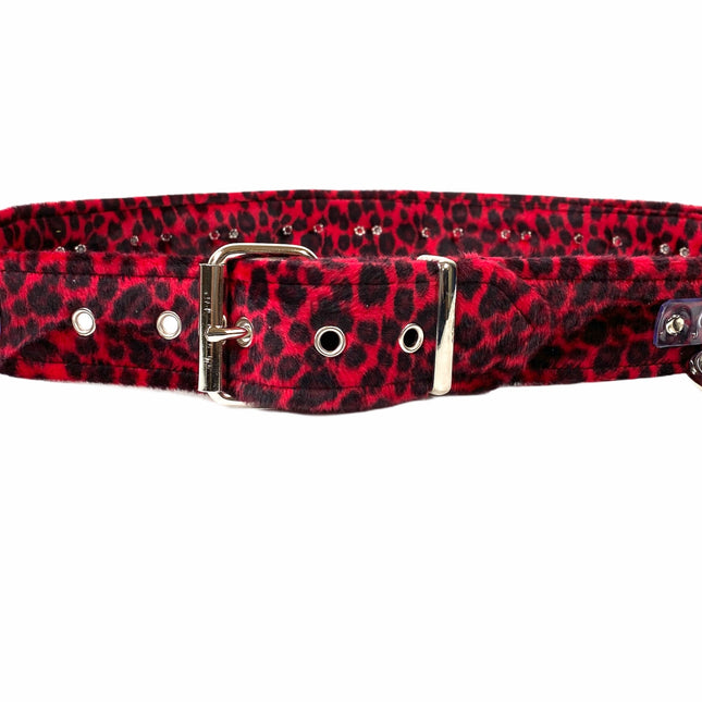 BT562L-RED LEOPARD  LARGE O RING STRAPPED BONDAGE BELT