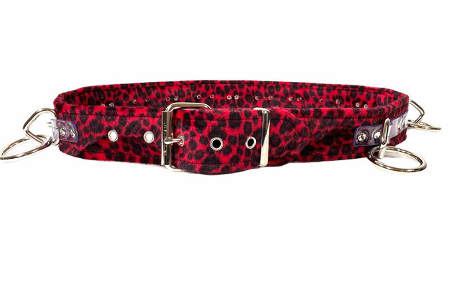 BT562L-RED LEOPARD  LARGE O RING STRAPPED BONDAGE BELT