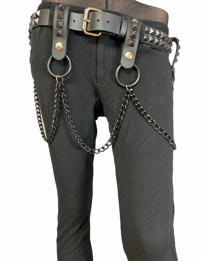 BT580-BS 2 ROW STUDDED BELT WITH REMOVABLE RING AND CHAIN